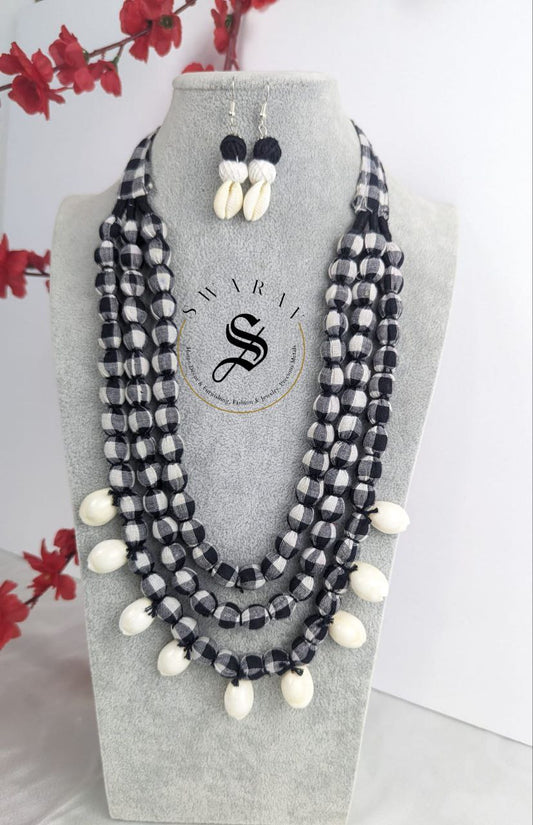 Hand made Fabric ball 3 layer Haar/ long necklace in black and white check print with matching earrings with sea shells - Design Code - D6