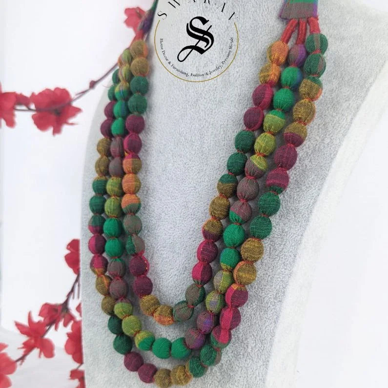 Hand made Fabric ball 3 layer Haar/ long necklace - Multi color - Design Code -  D1