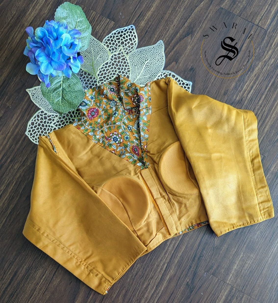 Ready to wear soft Rayon cotton coat collar designer blouse with 3/4th Sleeve. Color - Mustard Yellow. Size - 38 to 42 inches.