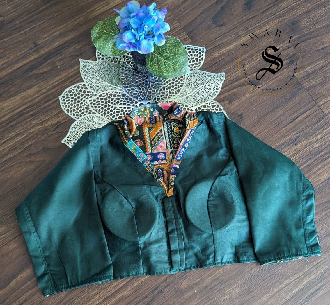 Ready to wear soft Rayon cotton coat collar designer blouse with 3/4th Sleeve. Color - bottle Green. Size - 38 to 42 inches.