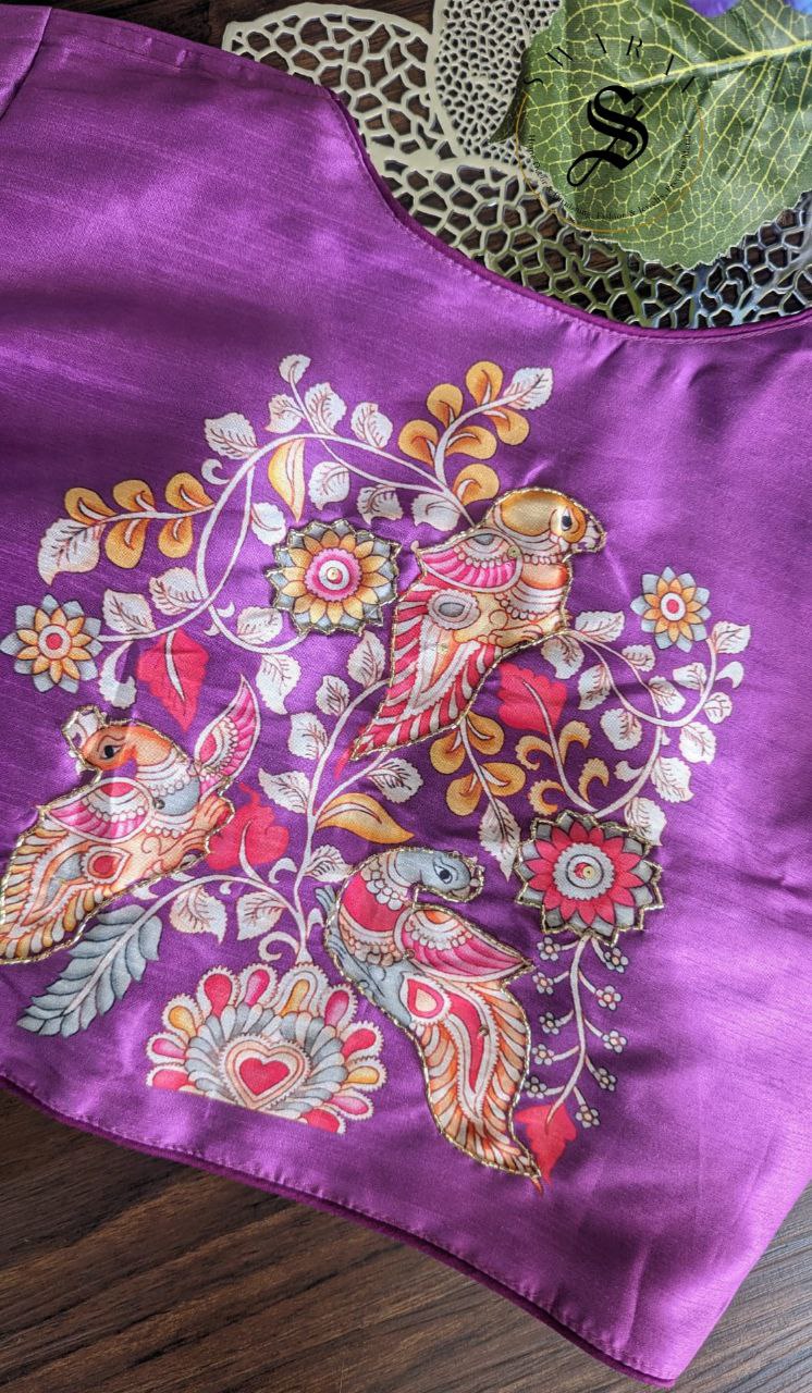 Ready to wear Pure Raw Silk Designer blouse with Pichwai print and beads work. Color - Purple. Size - 38 to 42 inches.