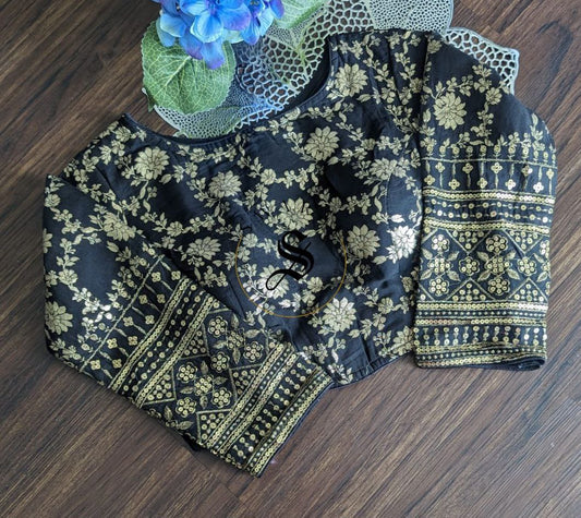 Ready to wear Georgette Zari weave Banarasi designer Blouse with embroidery sequence work 3/4th Sleeve. Color - Black. Size - 38 to 42 inches.