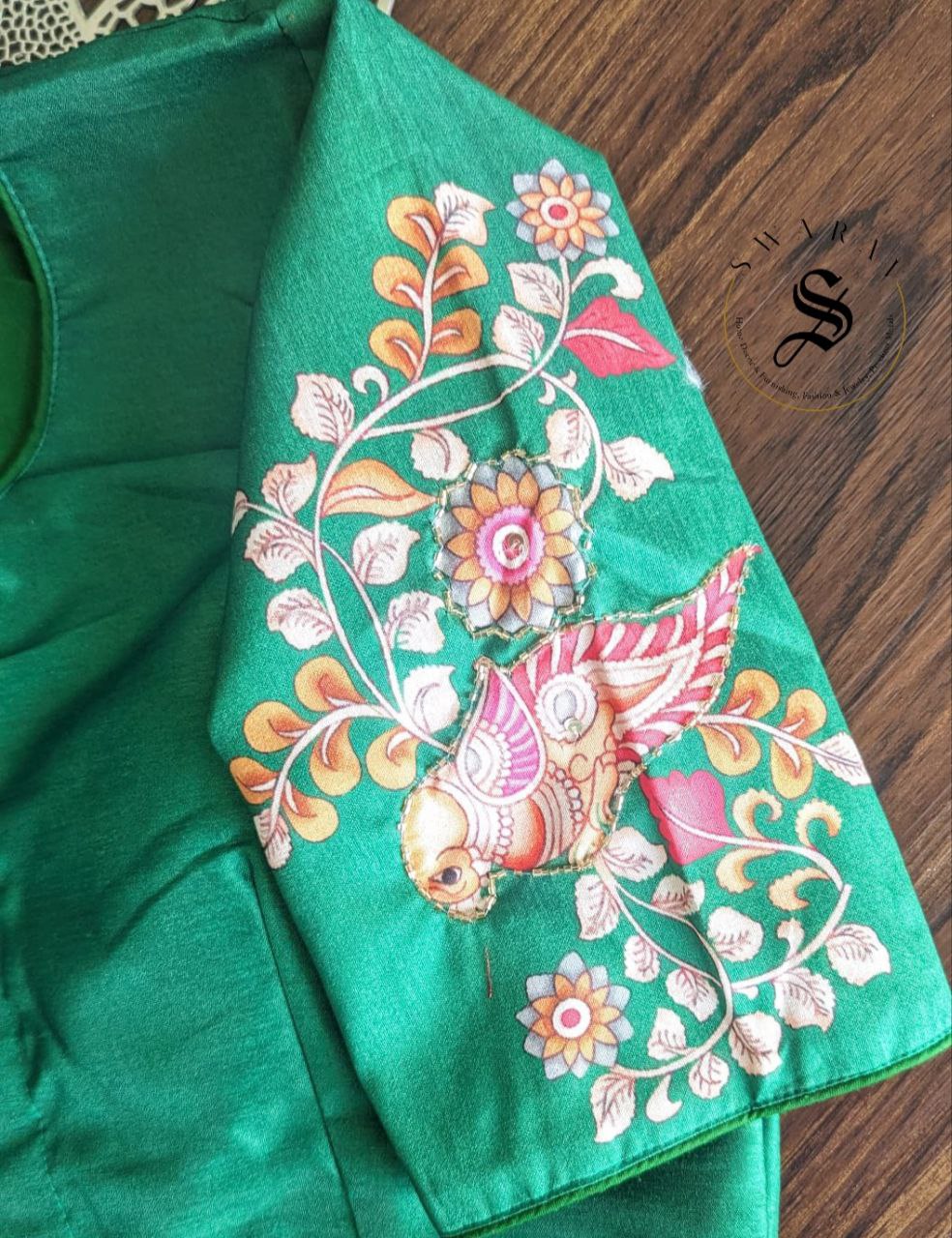 Ready to wear Pure Raw Silk Designer blouse with Pichwai print and beads work. Color - Green. Size - 38 to 42 inches.