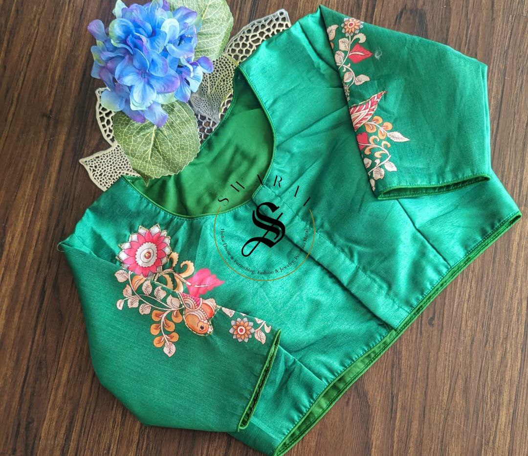 Ready to wear Pure Raw Silk Designer blouse with Pichwai print and beads work. Color - Green. Size - 38 to 42 inches.