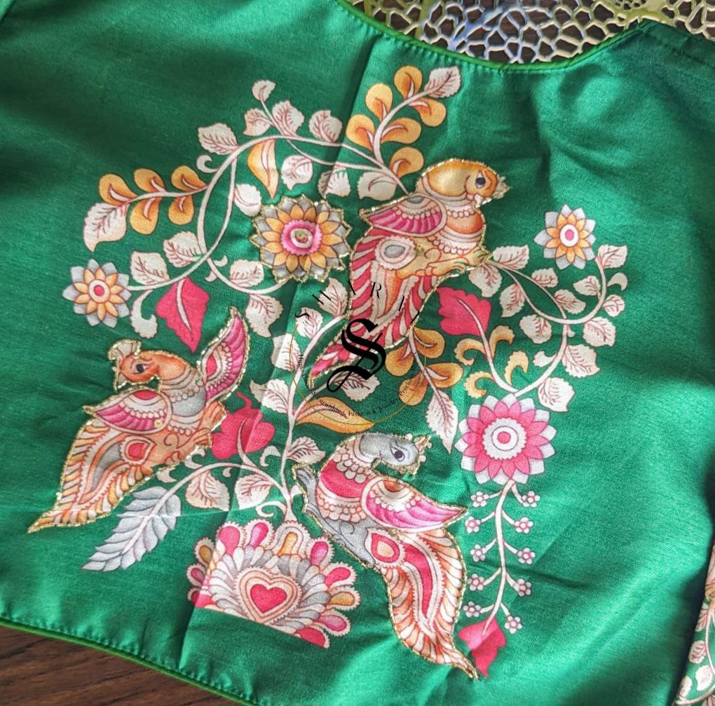 Ready to wear Pure Raw Silk Designer blouse with Pichwai print and beads work. Color - Green. Size - 38 to 42 inches.