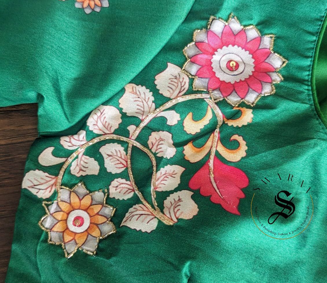 Ready to wear Pure Raw Silk Designer blouse with Pichwai print and beads work. Color - Green. Size - 38 to 42 inches.