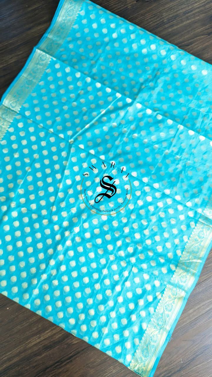 Zari Buta weave Blended Kota Silk Saree with stitched Blouse. Color - Ocean Blue.