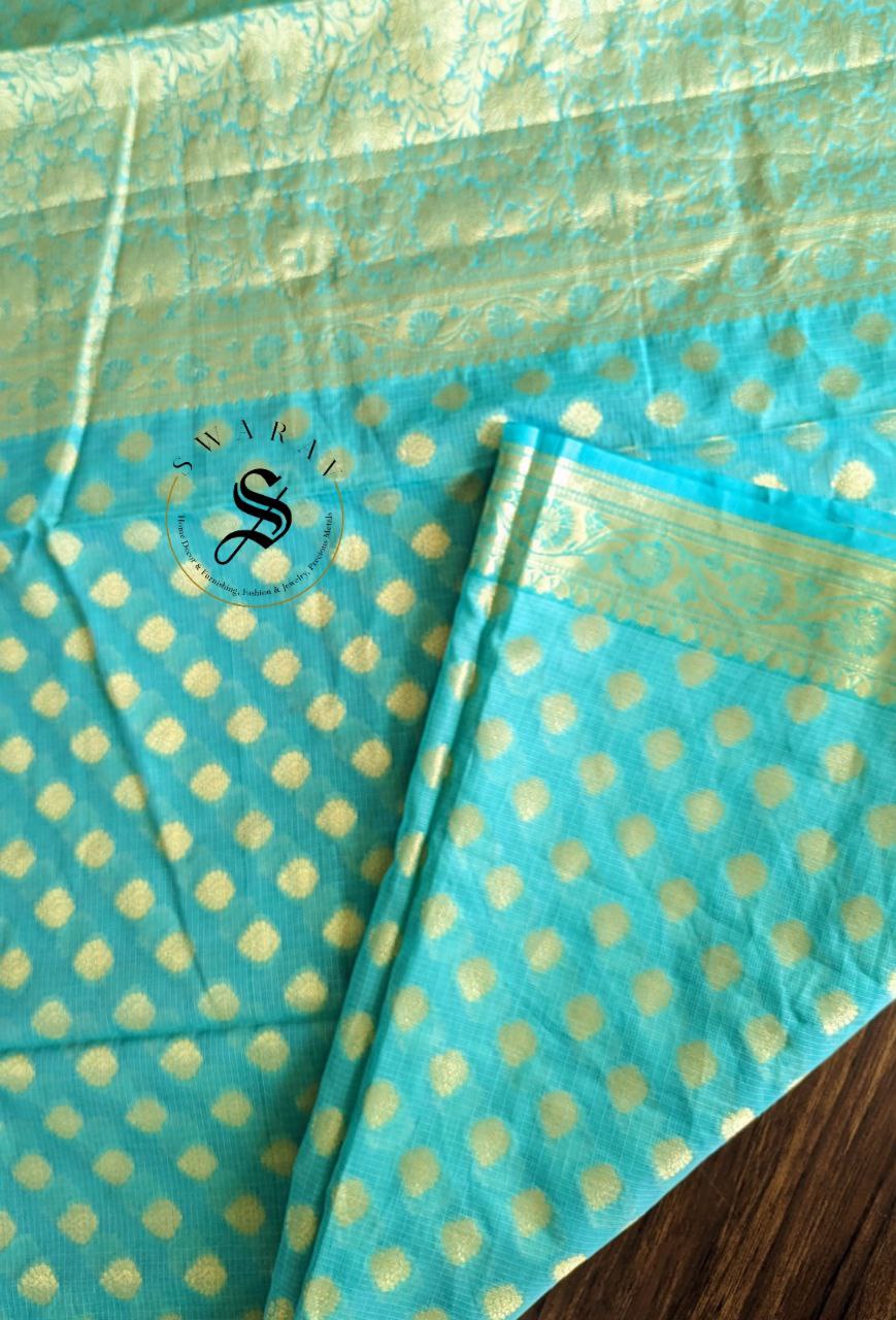 Zari Buta weave Blended Kota Silk Saree with stitched Blouse. Color - Ocean Blue.