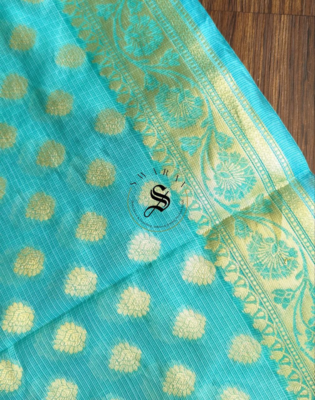 Zari Buta weave Blended Kota Silk Saree with stitched Blouse. Color - Ocean Blue.