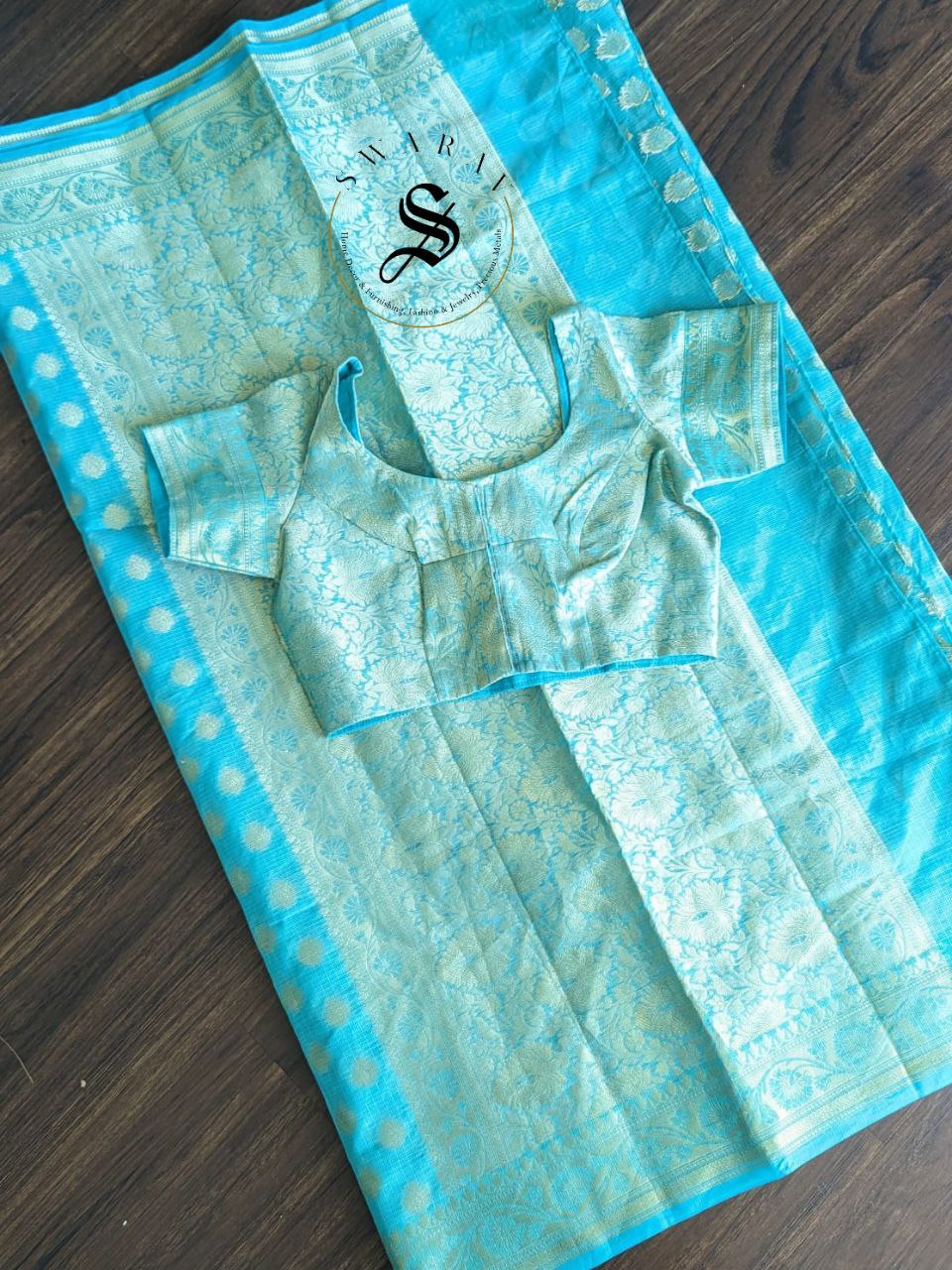 Zari Buta weave Blended Kota Silk Saree with stitched Blouse. Color - Ocean Blue.