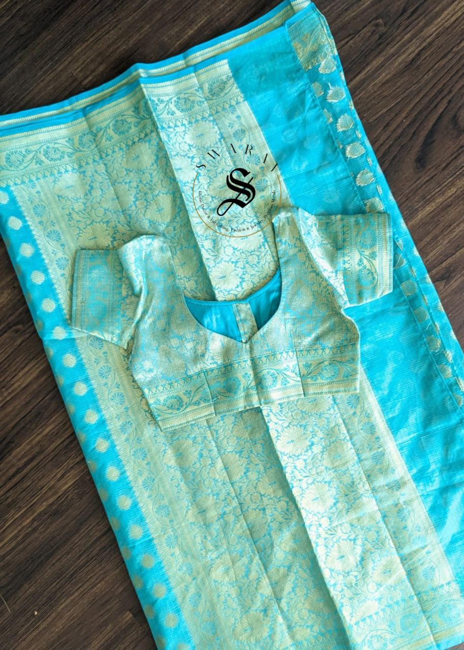 Zari Buta weave Blended Kota Silk Saree with stitched Blouse. Color - Ocean Blue.