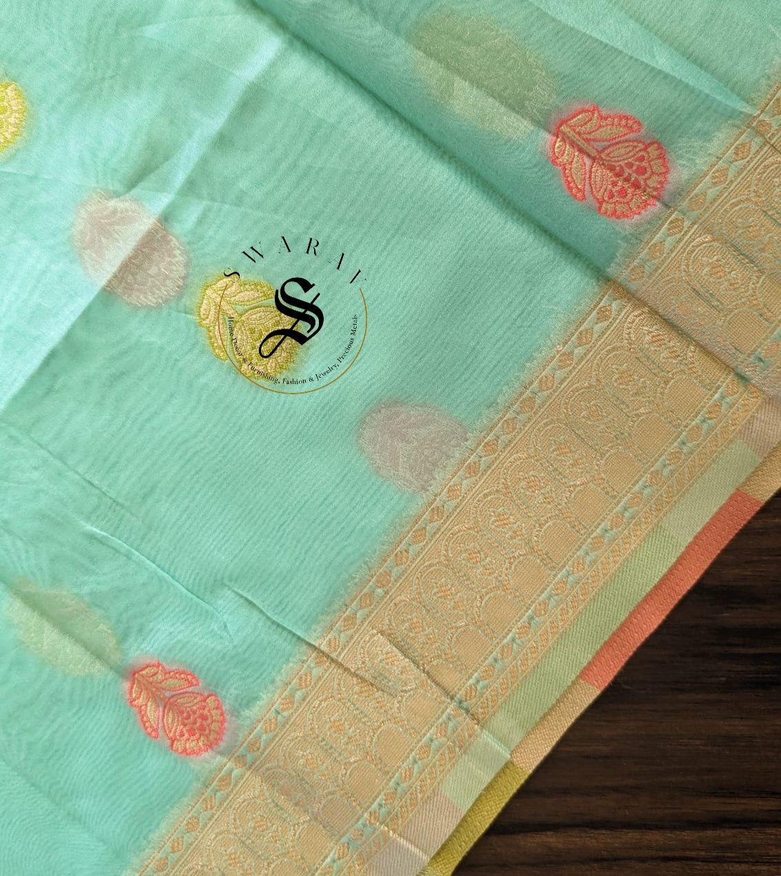 Soft Organza Banarasi Saree with stitched Blouse. Color - Sky blue.