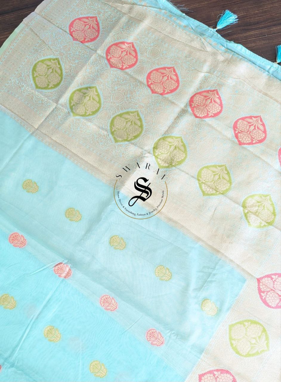 Soft Organza Banarasi Saree with stitched Blouse. Color - Sky blue.