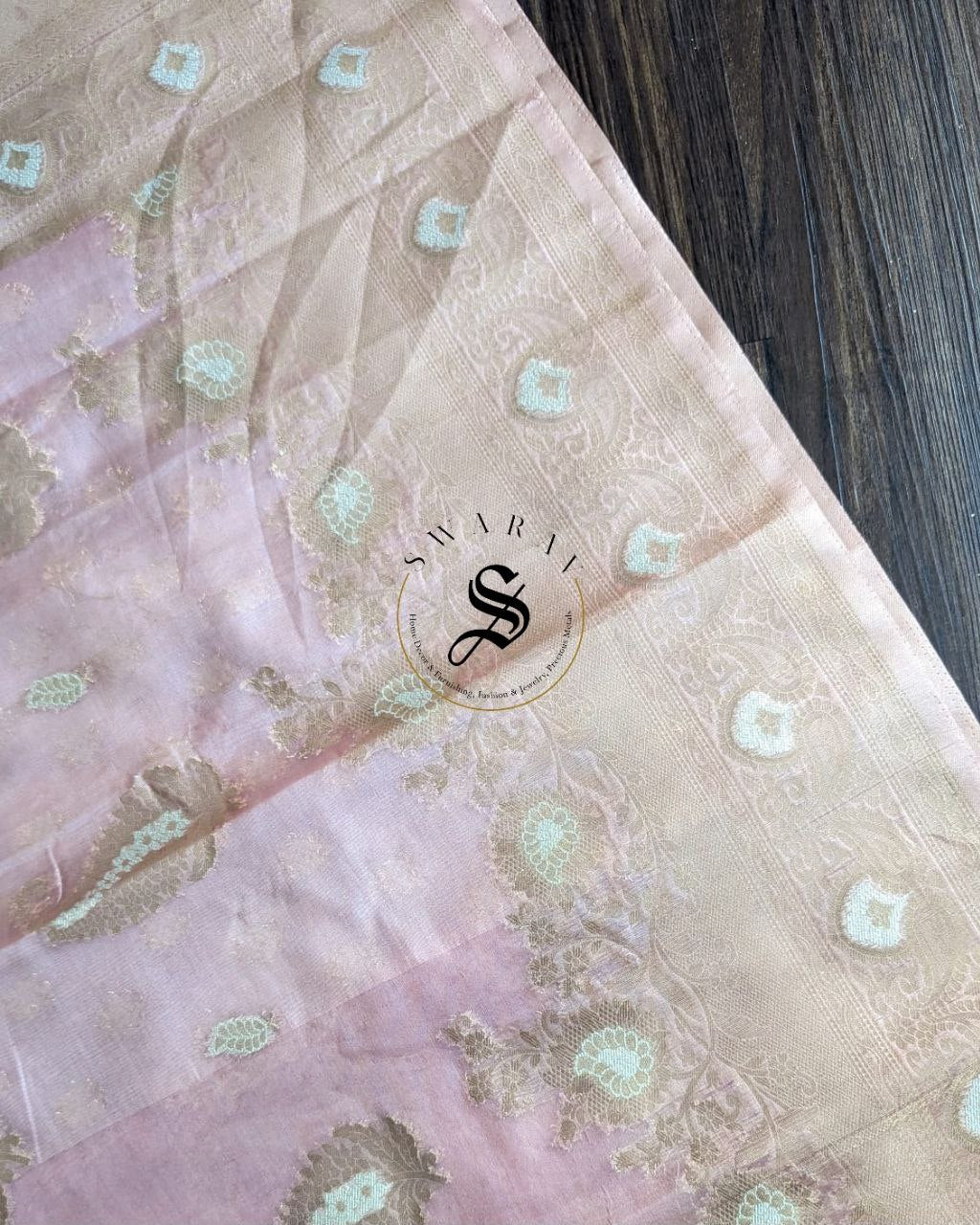 Organza Banarasi Saree with stitched Blouse - Color - Peach.