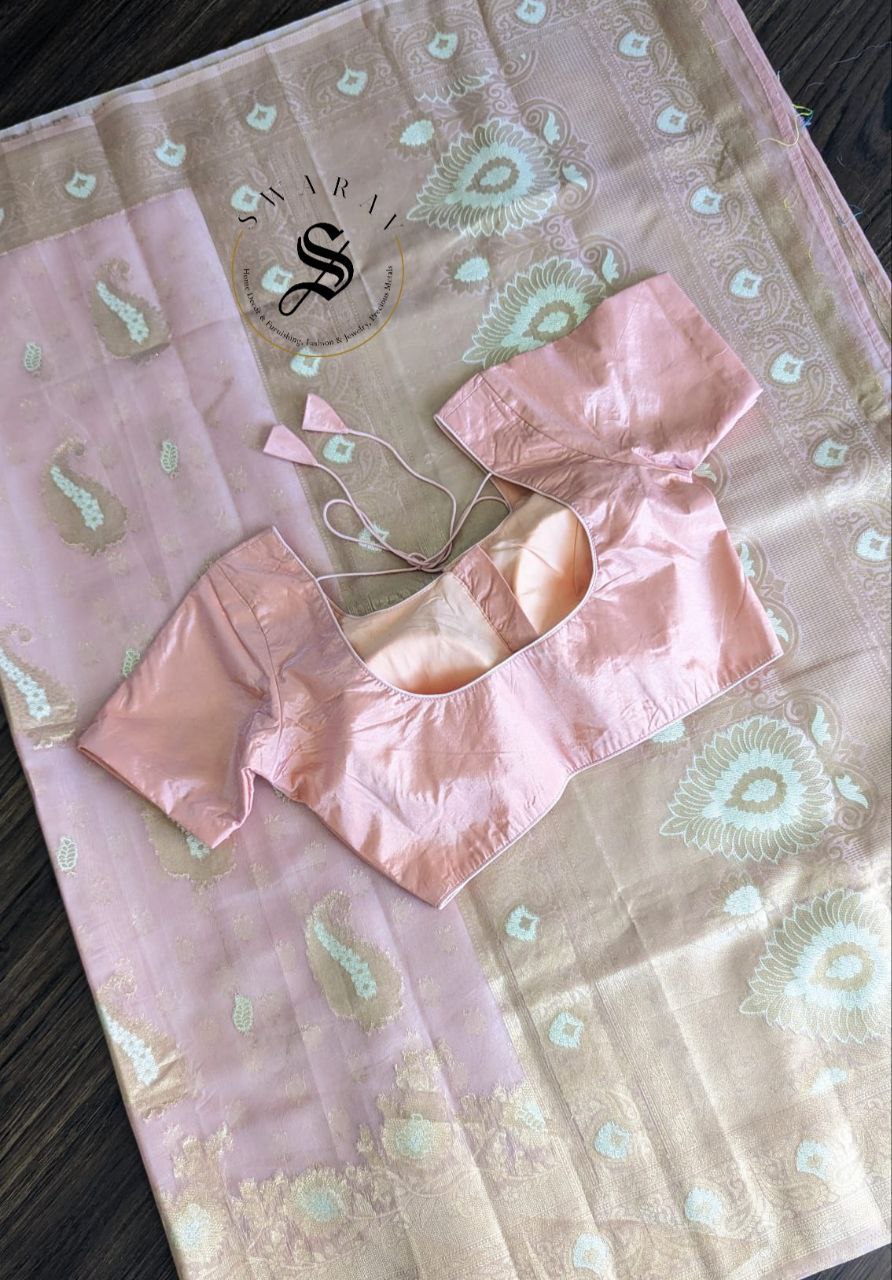 Organza Banarasi Saree with stitched Blouse - Color - Peach.