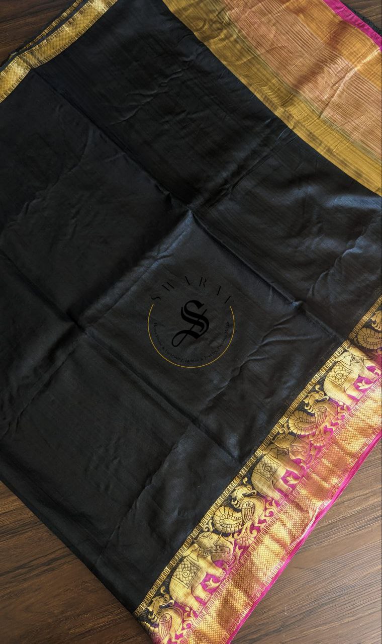 Black and Pink Combination Soft silk Saree with Stitched Blouse.