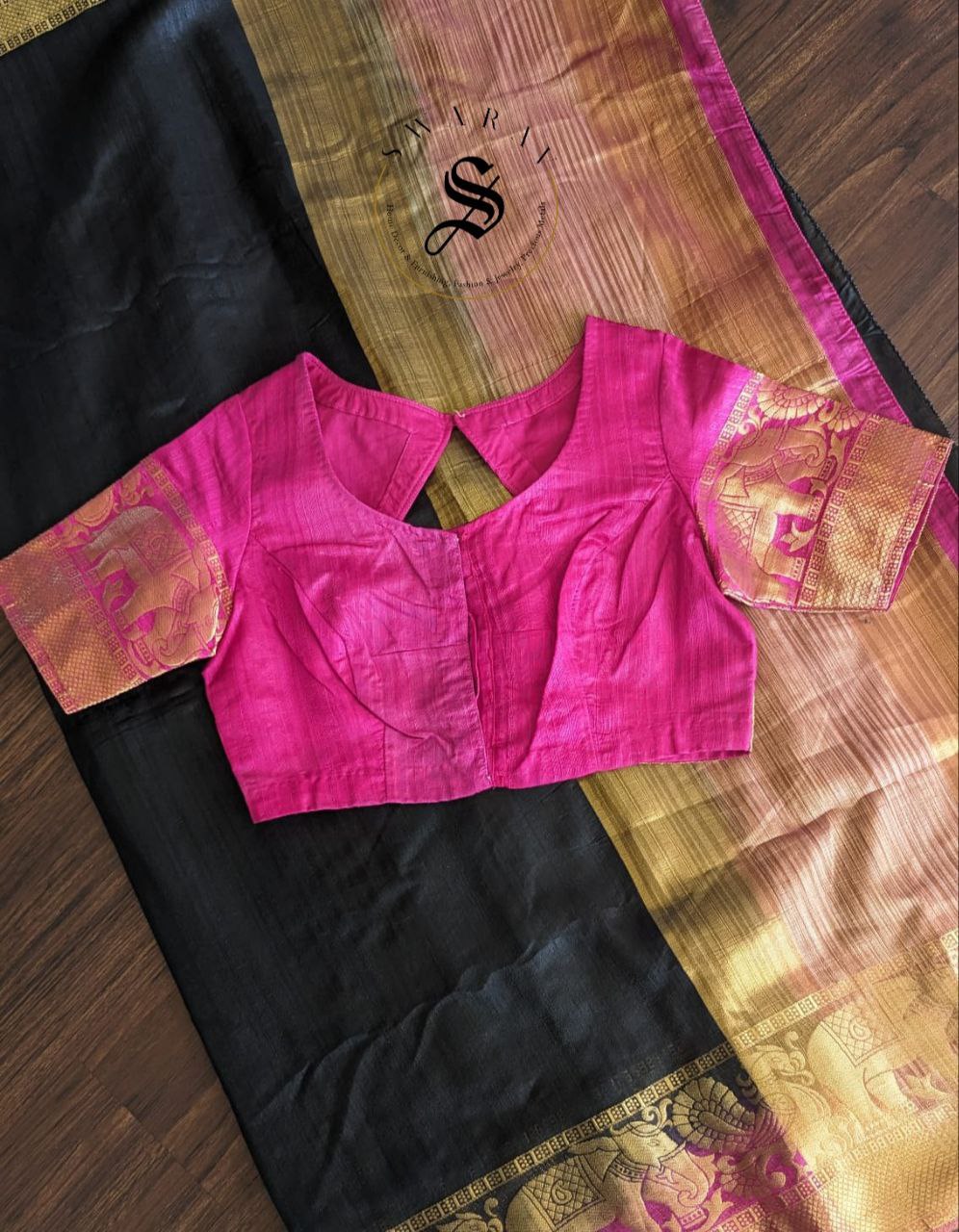 Black and Pink Combination Soft silk Saree with Stitched Blouse.