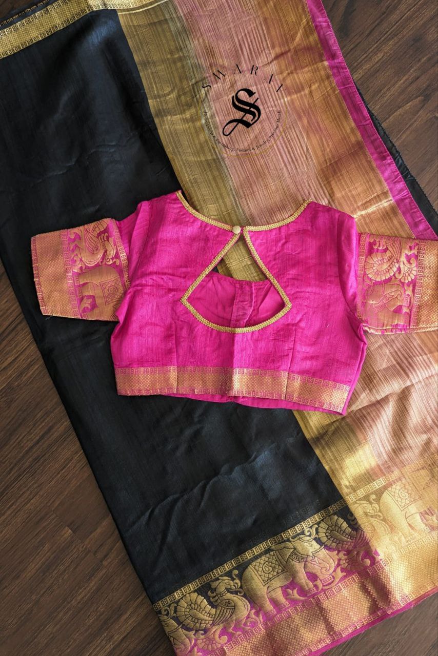 Black and Pink Combination Soft silk Saree with Stitched Blouse.