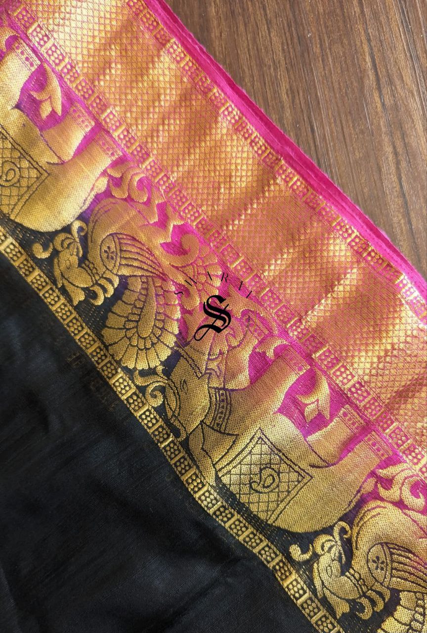 Black and Pink Combination Soft silk Saree with Stitched Blouse.