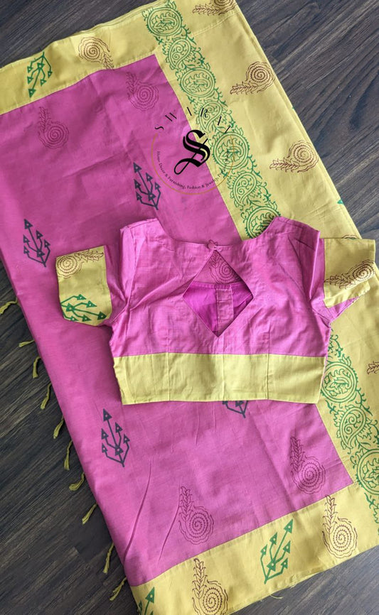 Soft cotton patch work saree with stitched blouse. Color - Mustard yellow and Magenta pink.