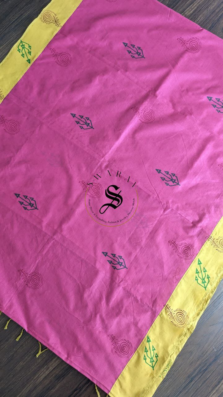 Soft cotton patch work saree with stitched blouse. Color - Mustard yellow and Magenta pink.