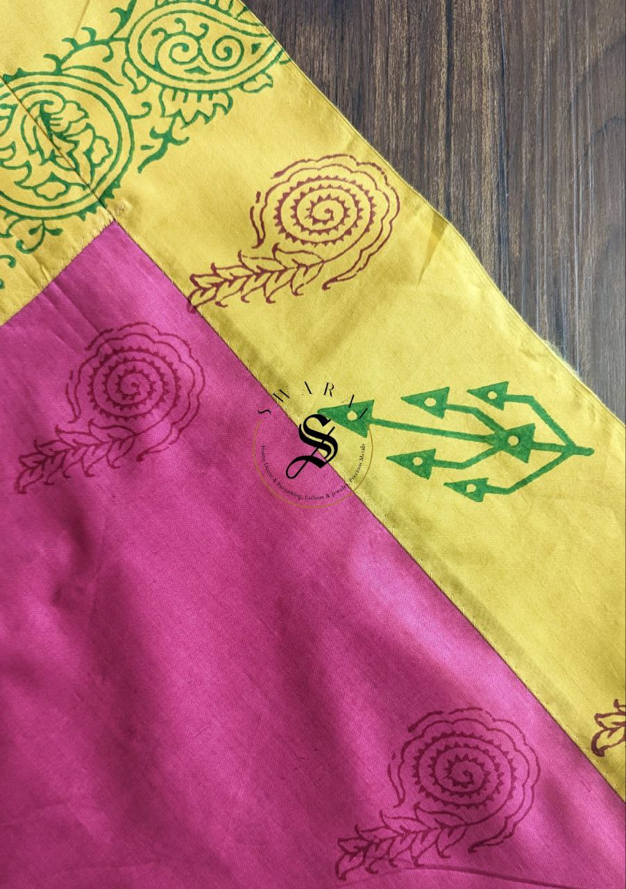 Soft cotton patch work saree with stitched blouse. Color - Mustard yellow and Magenta pink.