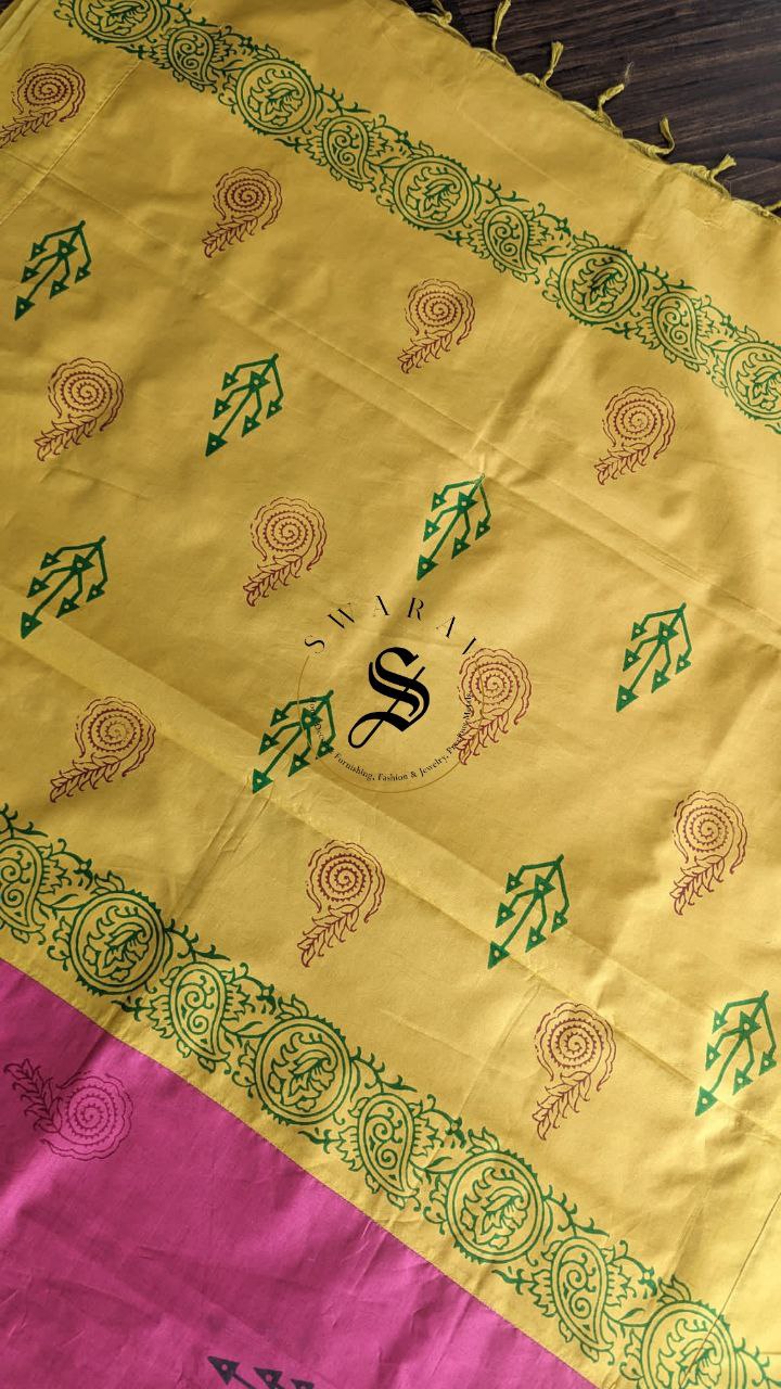 Soft cotton patch work saree with stitched blouse. Color - Mustard yellow and Magenta pink.