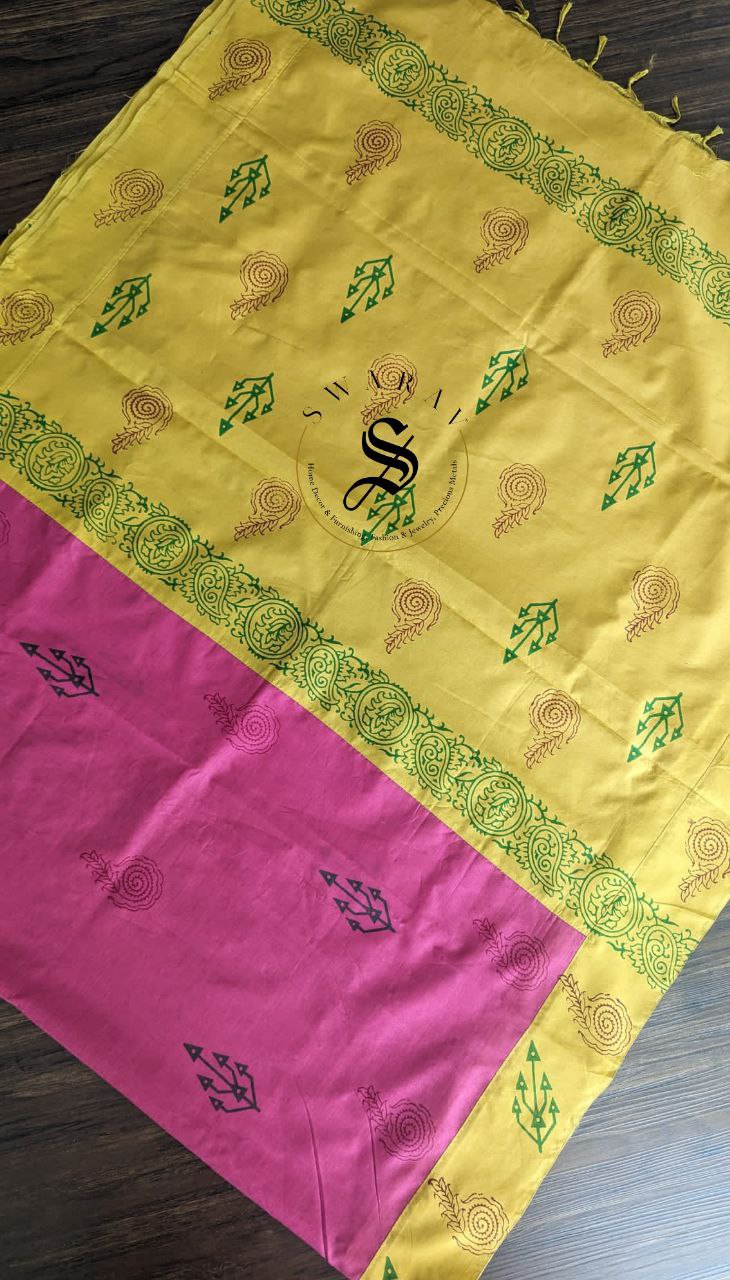 Soft cotton patch work saree with stitched blouse. Color - Mustard yellow and Magenta pink.