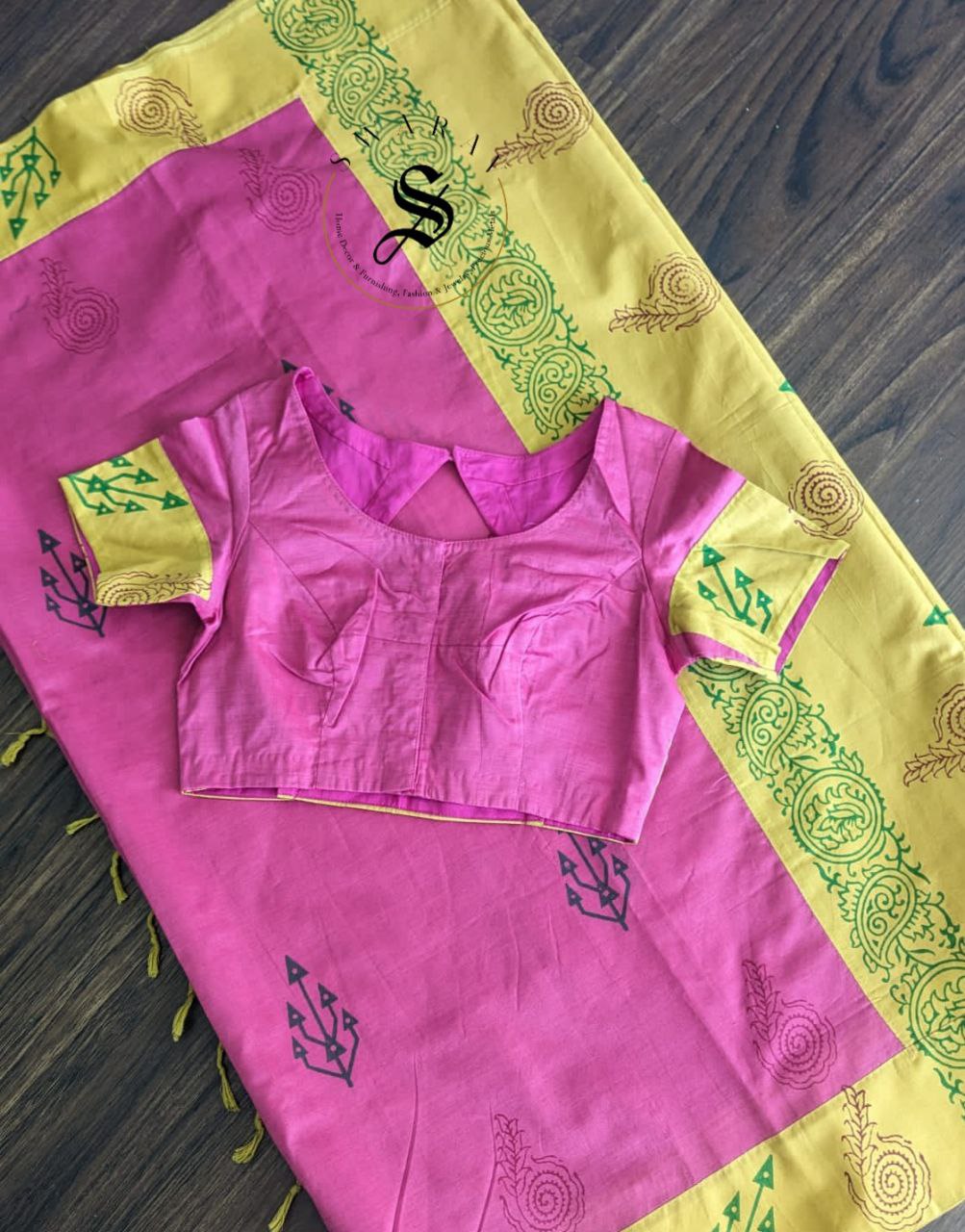 Soft cotton patch work saree with stitched blouse. Color - Mustard yellow and Magenta pink.