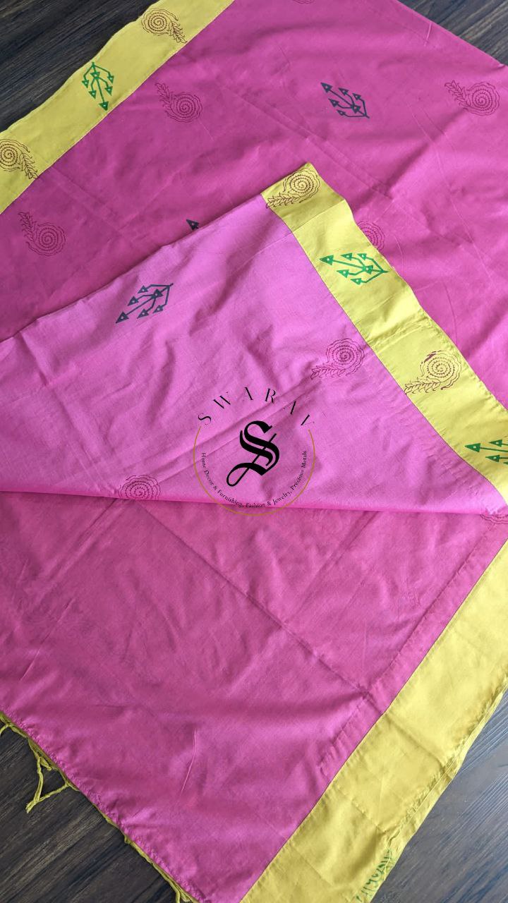 Soft cotton patch work saree with stitched blouse. Color - Mustard yellow and Magenta pink.