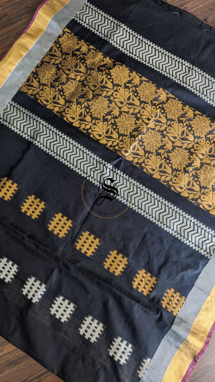 Chanderi cotton by silk Zari weave Saree with gold and silver Zari weave on black base with stitched Blouse..