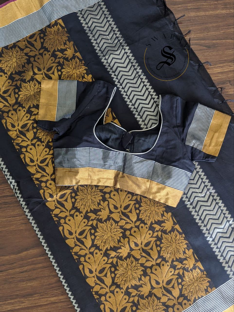 Chanderi cotton by silk Zari weave Saree with gold and silver Zari weave on black base with stitched Blouse..