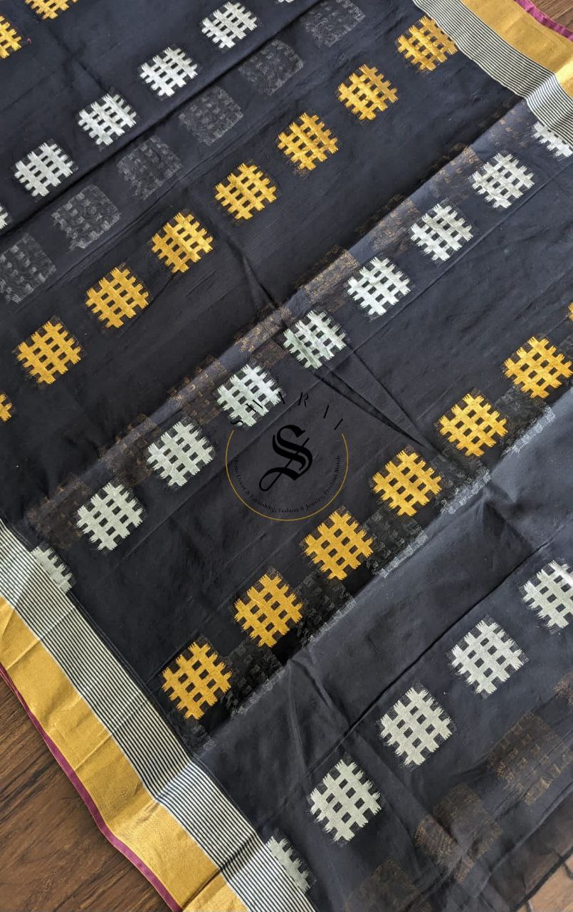 Chanderi cotton by silk Zari weave Saree with gold and silver Zari weave on black base with stitched Blouse..