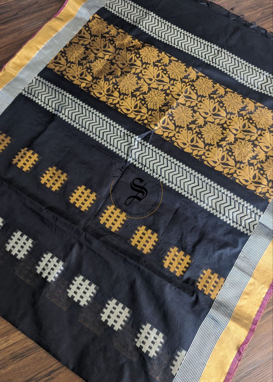 Chanderi cotton by silk Zari weave Saree with gold and silver Zari weave on black base with stitched Blouse..