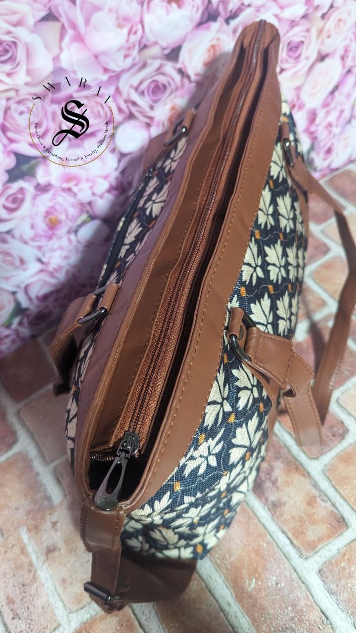 Leaf Block Print Women's Laptop/Overnight/Travel /Multipurpose Fabric shoulder Bag. Size - 18 by 13 by 5 inch.