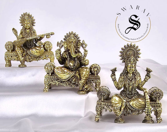 Pure Brass Designer Set of 3 Idols of Ganesha, Lakshmi And Saraswati seated on singhasan.