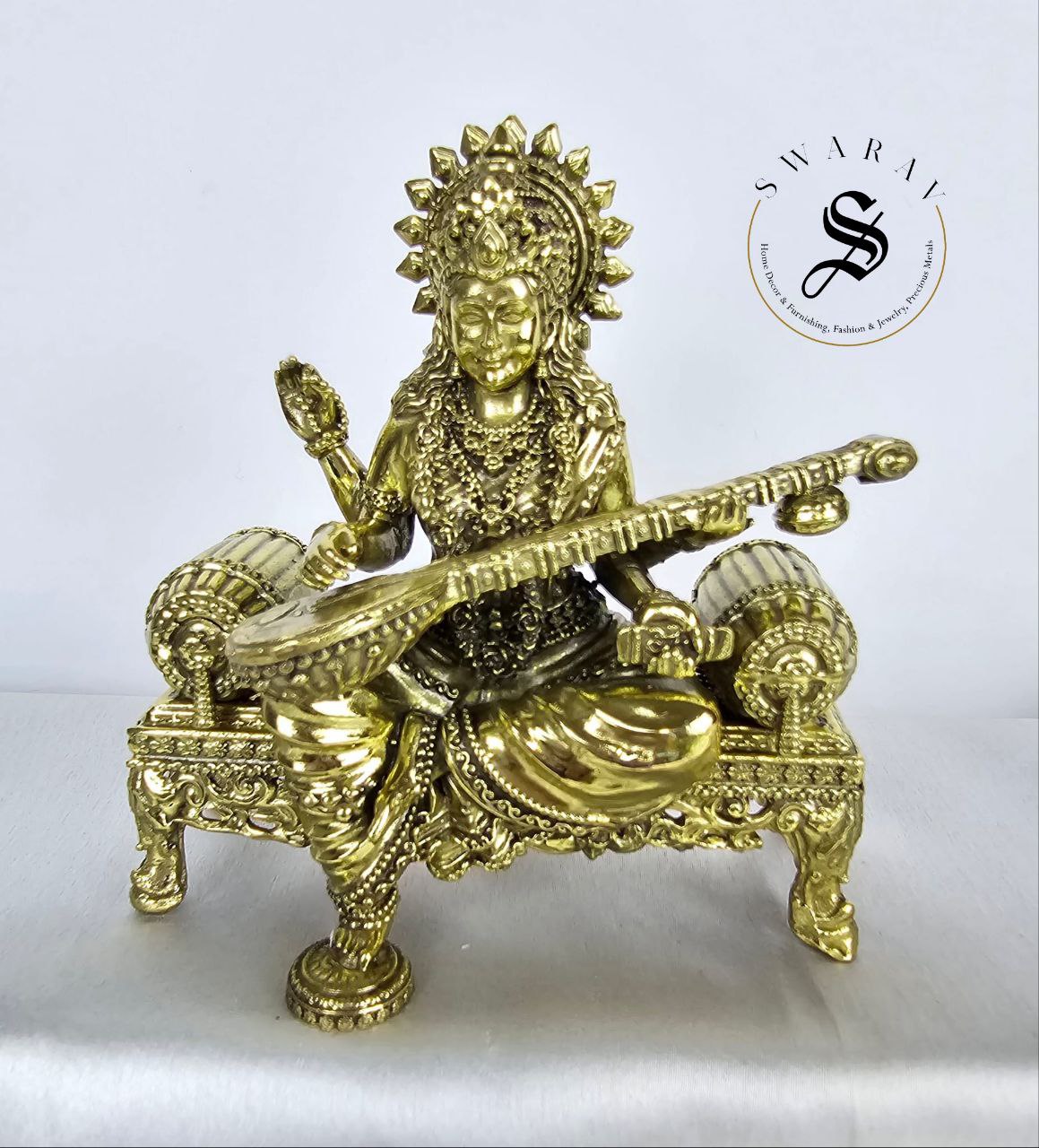 Pure Brass Designer Set of 3 Idols of Ganesha, Lakshmi And Saraswati seated on singhasan.