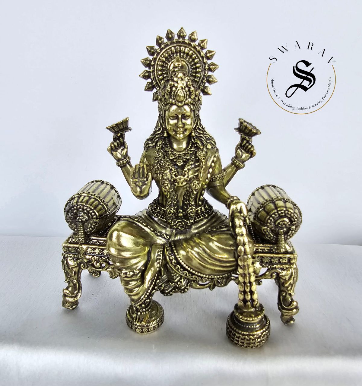 Pure Brass Designer Set of 3 Idols of Ganesha, Lakshmi And Saraswati seated on singhasan.