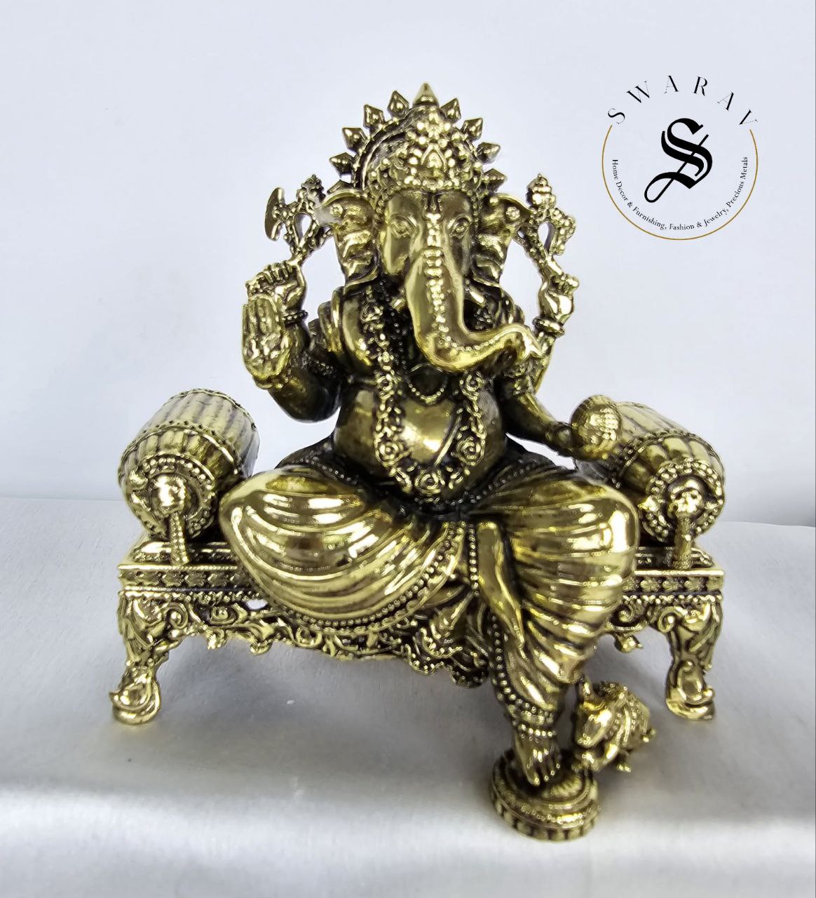 Pure Brass Designer Set of 3 Idols of Ganesha, Lakshmi And Saraswati seated on singhasan.