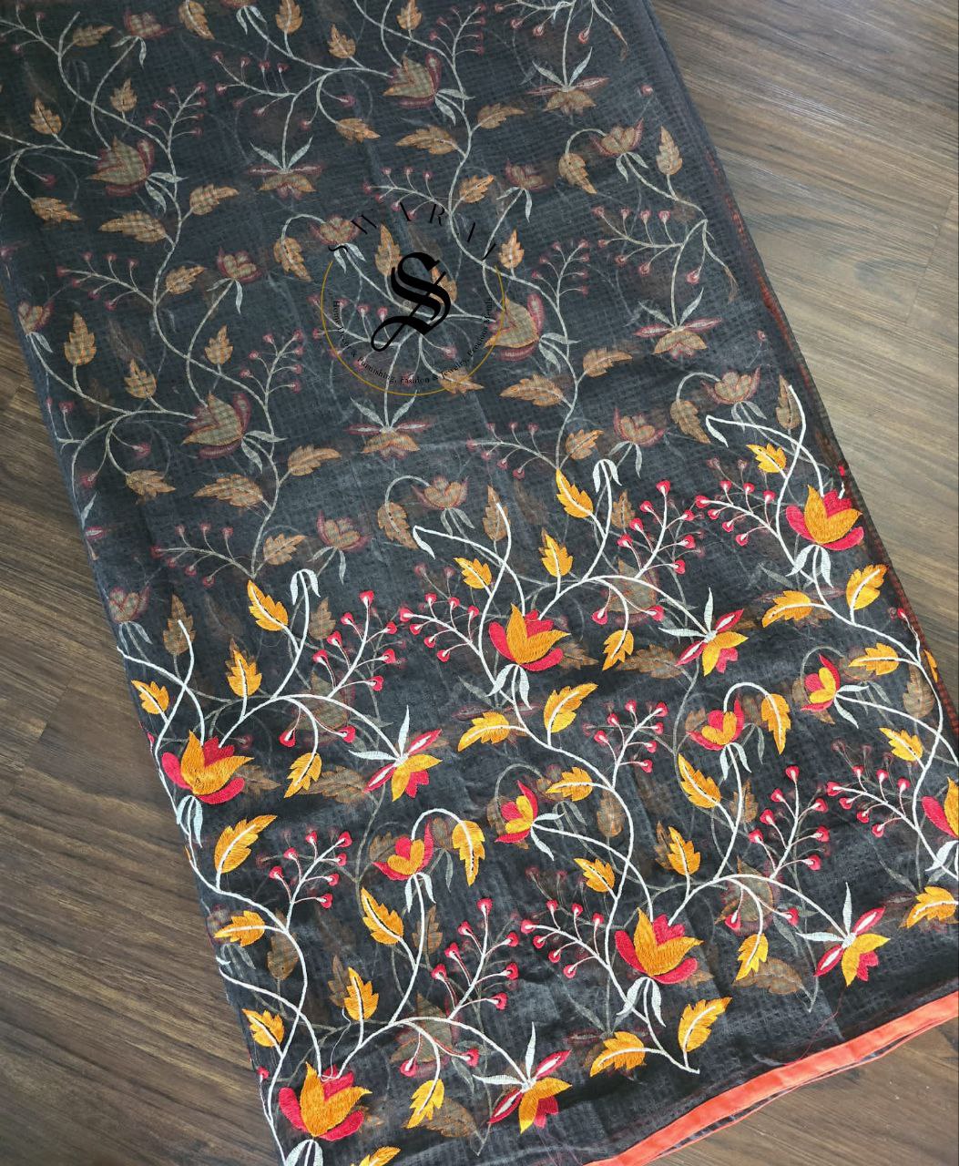 Soft Cotton Kota Saree with embroidery all over paired unstitched Blouse. Color - Black.