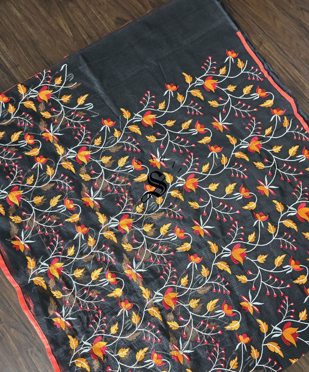 Soft Cotton Kota Saree with embroidery all over paired unstitched Blouse. Color - Black.