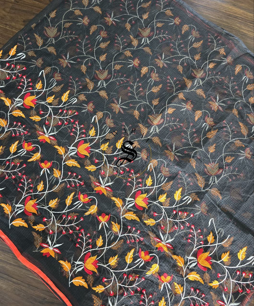 Soft Cotton Kota Saree with embroidery all over paired unstitched Blouse. Color - Black.