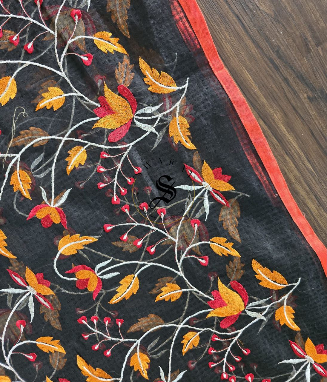 Soft Cotton Kota Saree with embroidery all over paired unstitched Blouse. Color - Black.