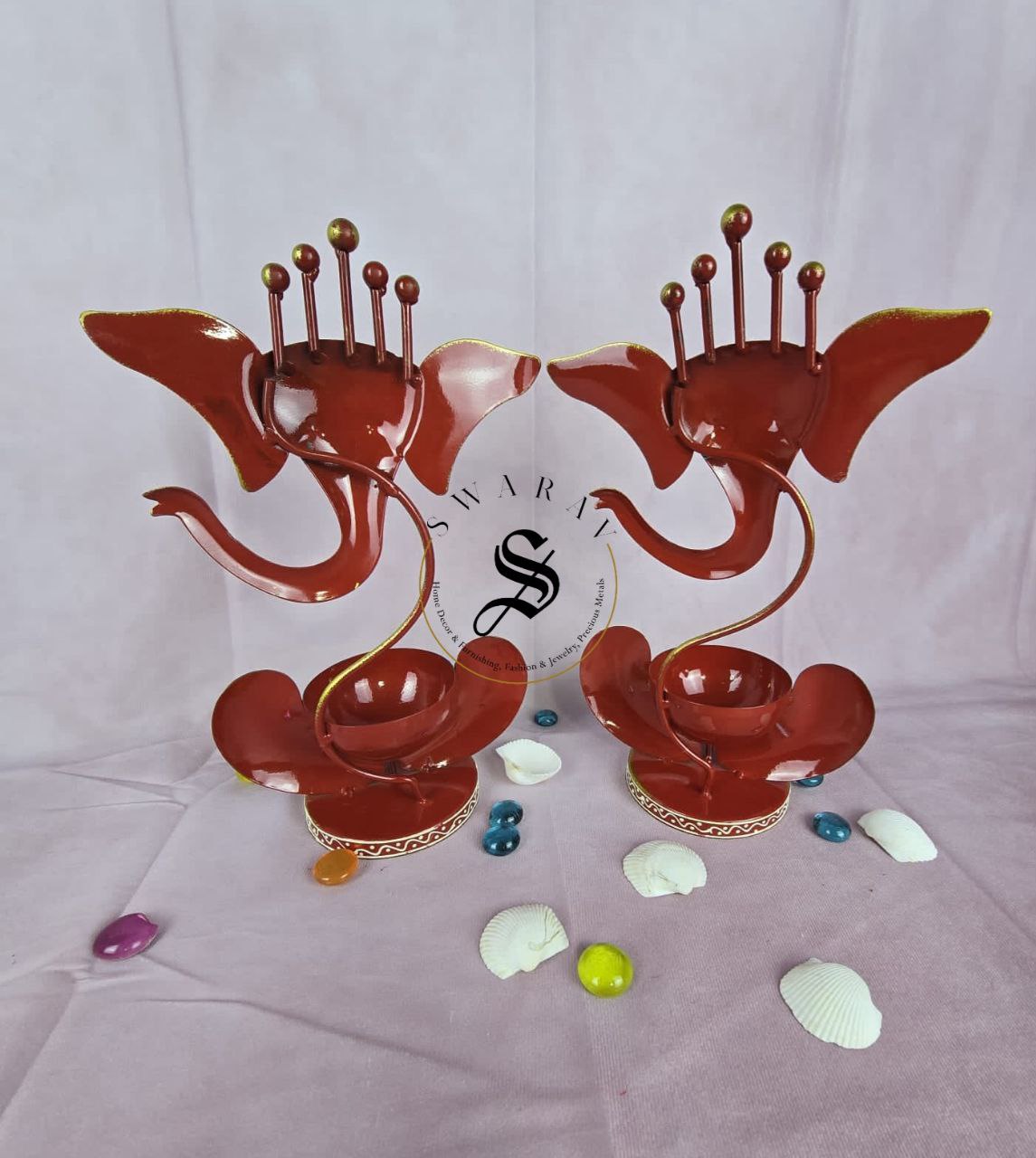 Hand painted wrought Iron Ganesha Tea light stand. Set of 2. Size 11 by 7 inches.