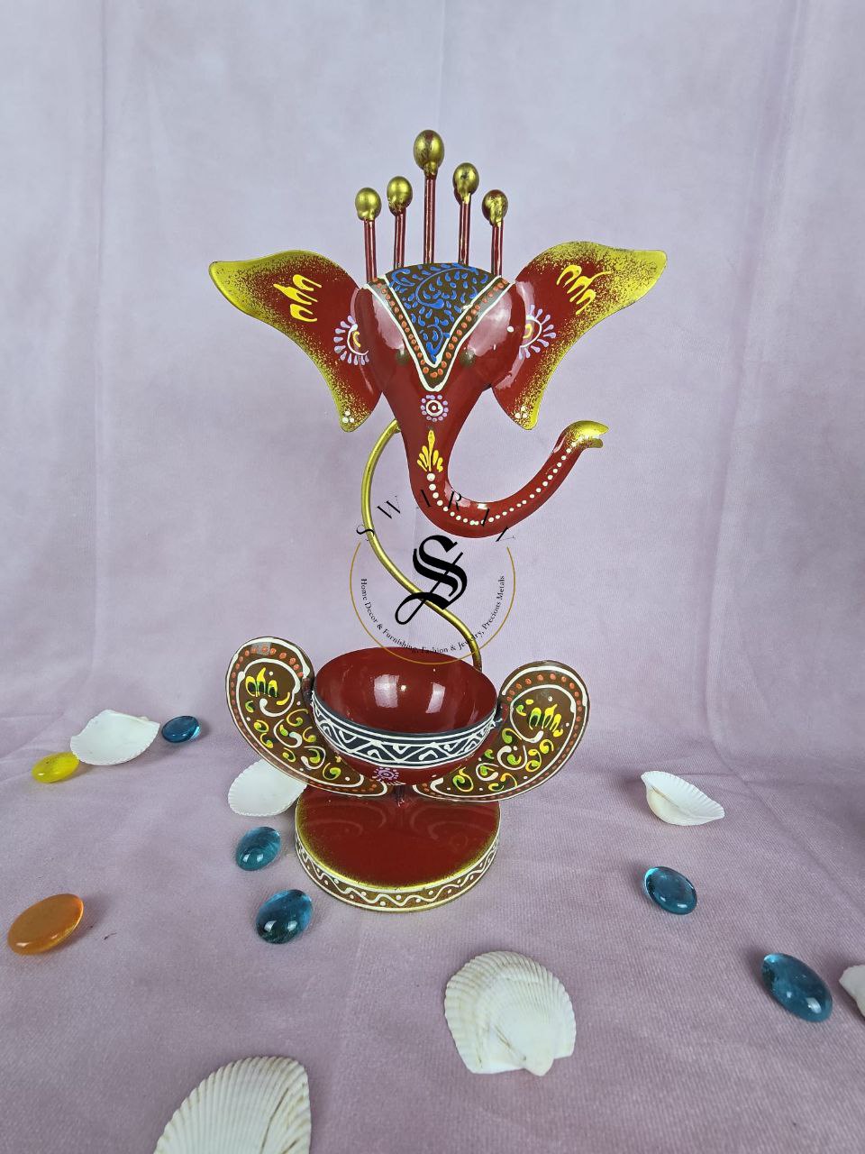 Hand painted wrought Iron Ganesha Tea light stand. Set of 2. Size 11 by 7 inches.