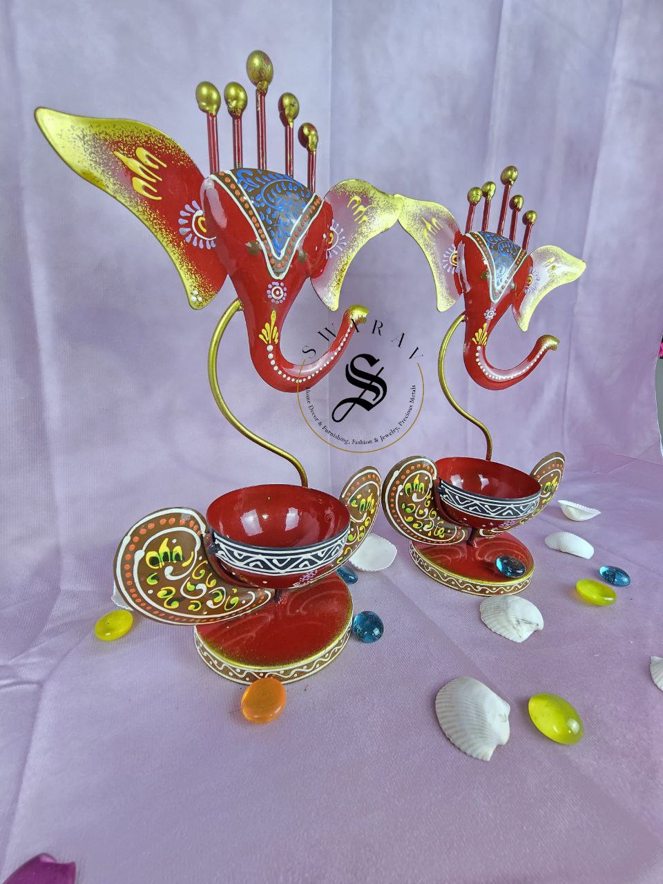 Hand painted wrought Iron Ganesha Tea light stand. Set of 2. Size 11 by 7 inches.