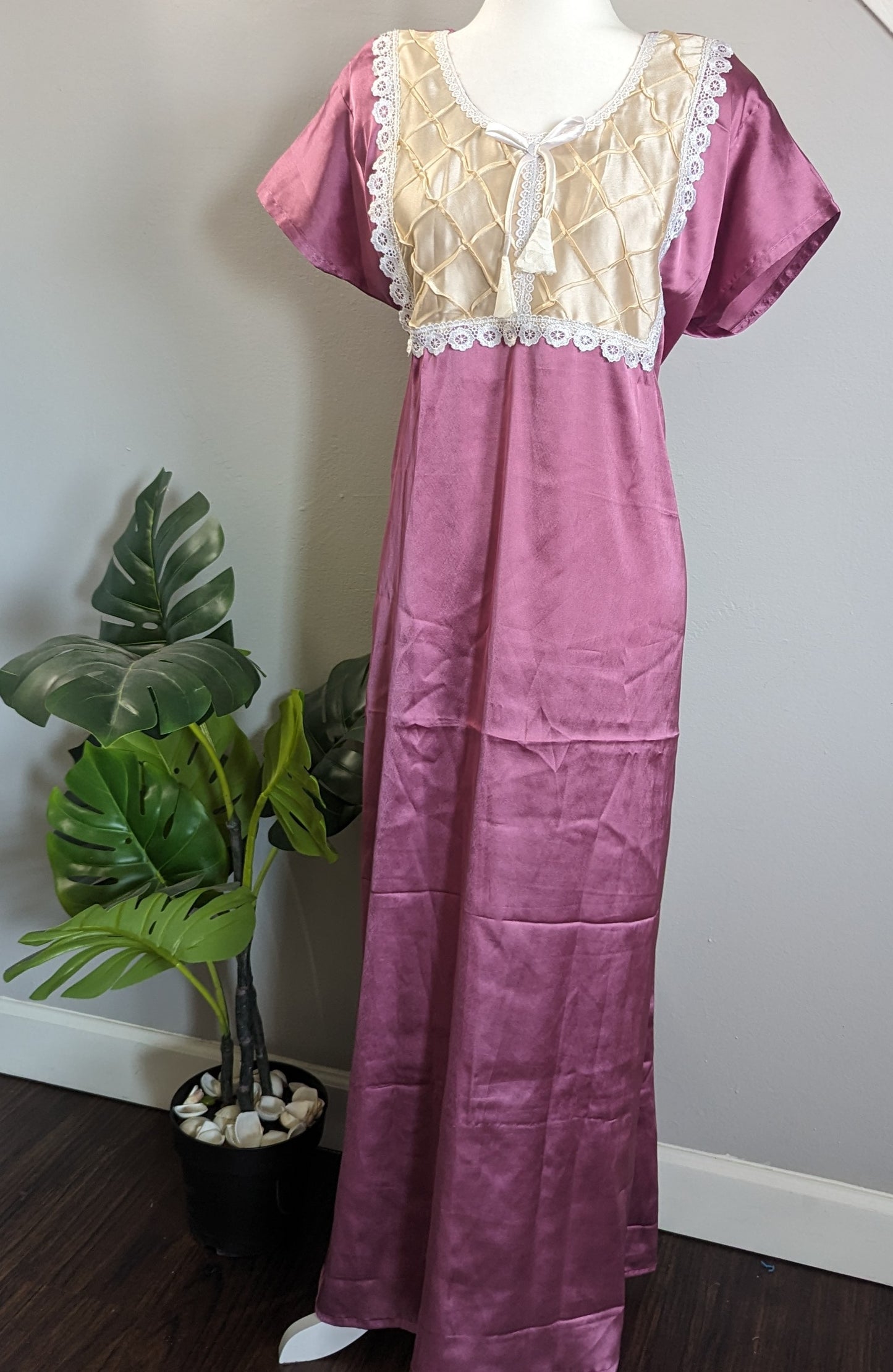 Pack of 3 Satin Long Gown/Nighty. Olive Green - Red - Lavender.