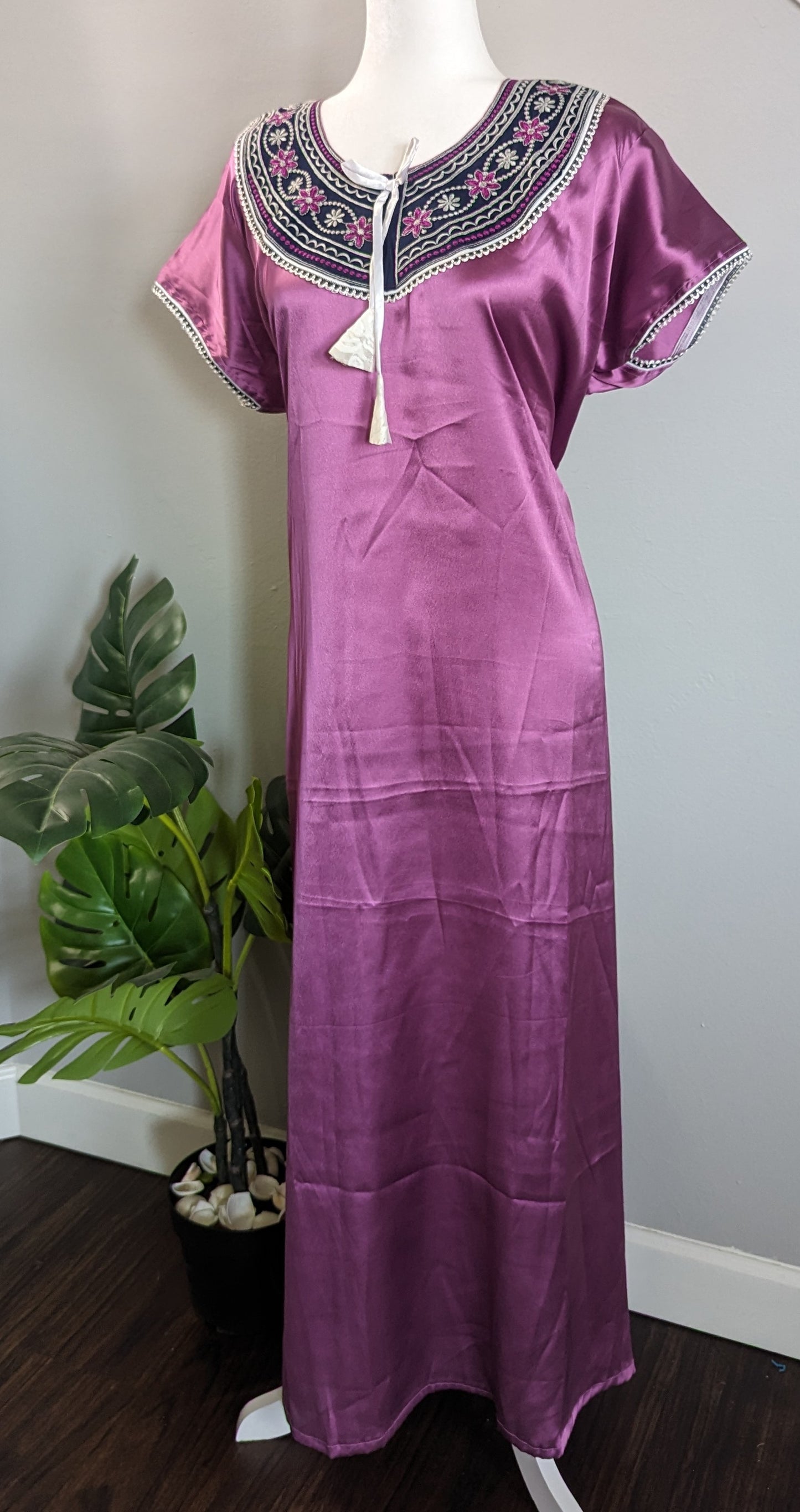 Pack of 3 Women's Satin Long Gown/Nighty - Lavender - white - Yellow. Size : Best fit up to XXL.