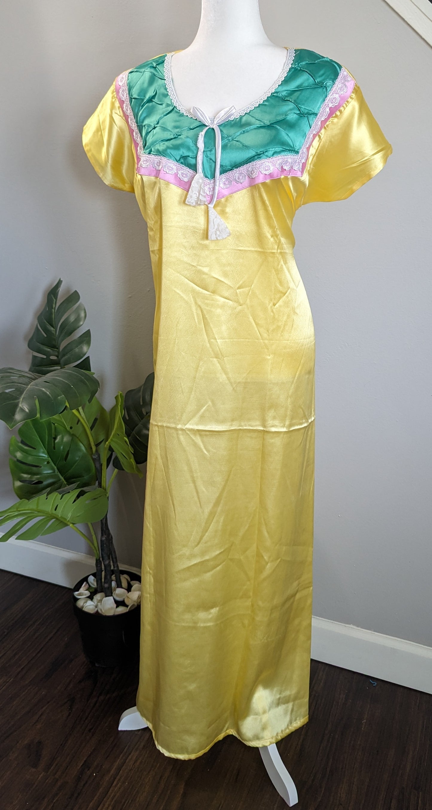 Pack of 3 Women's Satin Long Gown/Nighty - Lavender - white - Yellow. Size : Best fit up to XXL.