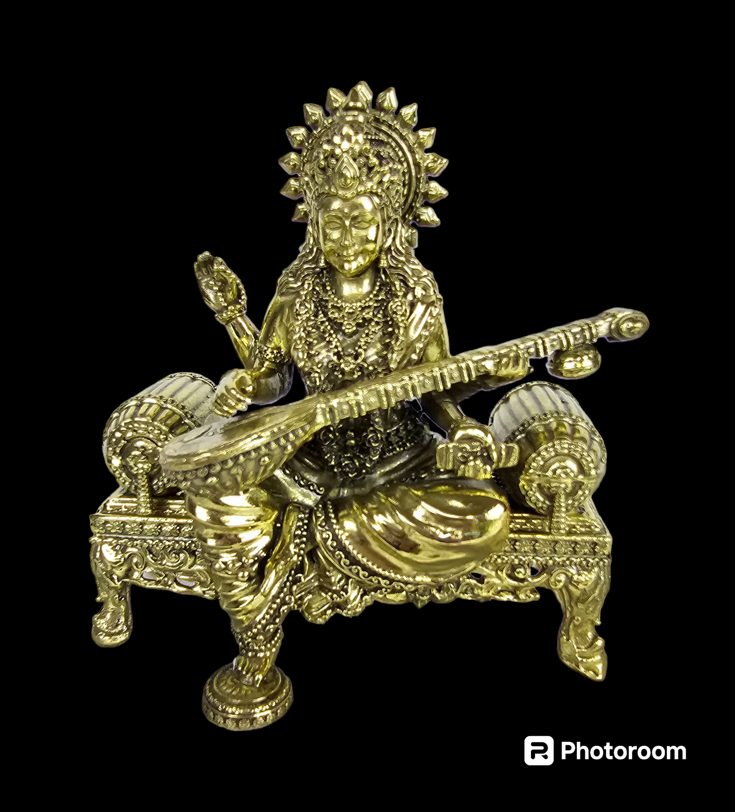 Pure Brass Designer Set of 3 Idols of Ganesha, Lakshmi And Saraswati seated on singhasan.